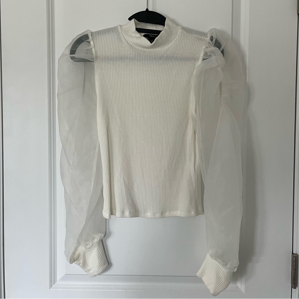 Forever 21 Medium Ribbed High Neck White Sheer Long Sleeve Top
